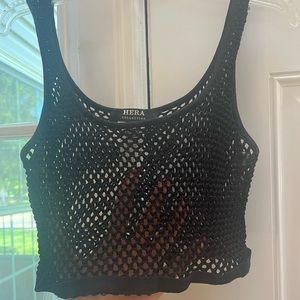 Crop Black Mesh/Crochet Top